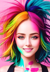 Beautiful young woman with colorful hair. Portrait of a girl with multicolored hair. Generative AI