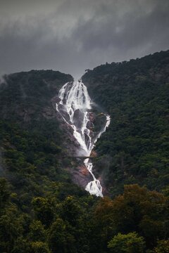 Unique and amazed nature scenic landscape of  Dudhsagar Falls in rain forest. Sonaulim, Goa, India. Tourism beautiful destination place.  Discover the beauty of earth. Open world after covid-19