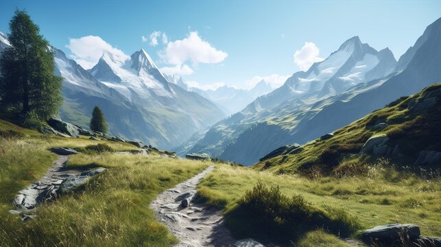 A large beautiful meadow with a path that leads to a majestic mountain range with snow-capped peaks. Meadow on the background of mountains. Generative AI.