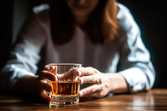 Drinking or alcohol abuse problem. Anonymous woman sitting at desk with alcoholic drink, focus on glass with liquor in foreground. Generative AI