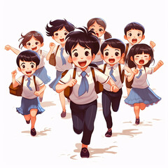 group of happy kids running to school