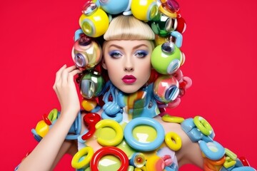 Fototapeta premium Illustration of a woman wearing a colourful hat and dress made with plastic toys. created by Generative AI created with Generative AI technology