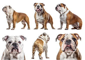 Bulldog dog puppy doggy, many angles and view portrait side back head shot isolated on transparent background cutout, PNG file, 