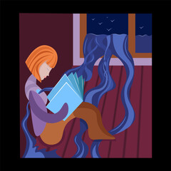 the girl is reading a book and the sea spills into the room from the window. vector fantasy illustration
