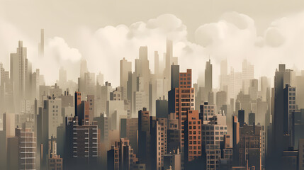 Urban Haze: Modern Cityscape with Pollution in Warm Tone