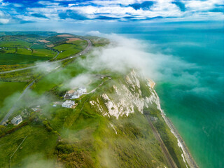 Scenic aerial drone view of Samphire Hoe Country Park cliffs, Dover, south England