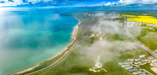 Scenic aerial drone view of Samphire Hoe Country Park cliffs, Dover, south England