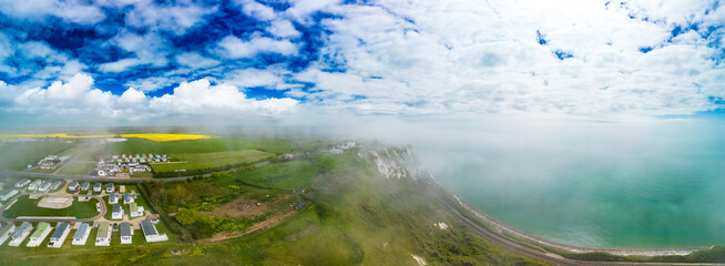 Scenic aerial drone view of Samphire Hoe Country Park cliffs, Dover, south England