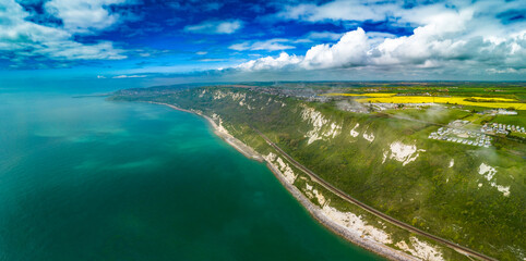 Scenic aerial drone view of Samphire Hoe Country Park cliffs, Dover, south England
