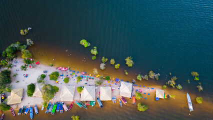 Aerial Drone Landscape in Alter Do Chao Brazil Santarem Ilha do Amor Love Island in Tapajos River Tropical Beach - obrazy, fototapety, plakaty