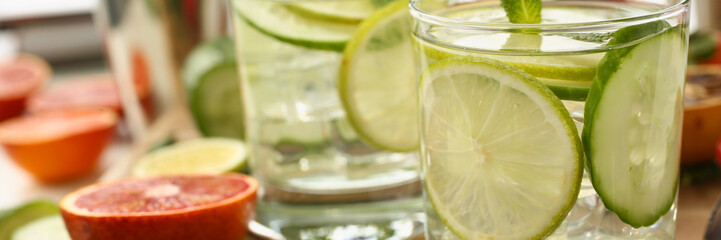Lime with cucumber punch and mint homemade cocktail closeup. Chilled summer cocktail concept