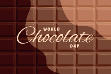 World Chocolate Day July 7 text on the background of a chocolate bar. Conceptual greeting card with black, milk and white chocolate. Typographic design, horizontal vector banner for email distribution