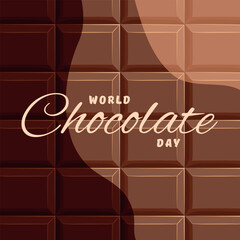 World Chocolate Day July 7 text on the background of a chocolate bar. Conceptual greeting card with black, milk and white chocolate. Typographic design, square vector banner for email distribution, in
