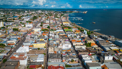 Aerial Drone Fly Above Santarém City Brazil, Tapajós and Amazon River Waterfront, Cityscape in...