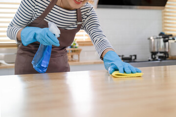 Woman, housewife wiping table with cloth and using spray.