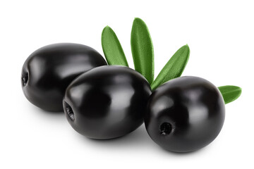 Black olives with leaves isolated on a white background with full depth of field.