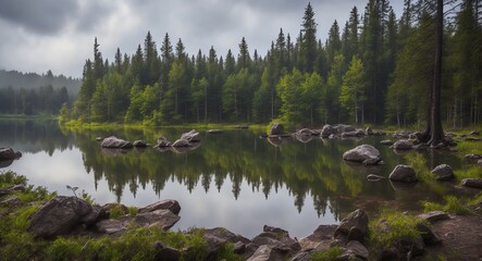 lake in the forest. ai generation