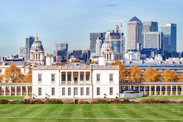 Autumn view of Greenwich park and Canary Wharf in London - 614234559
