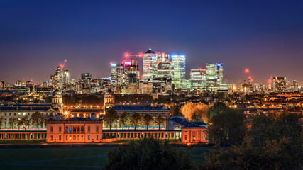 Night view to Greenwich and Canary Wharf in London