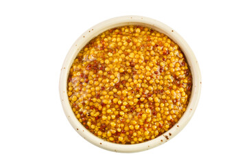 Bowl with french mustard isolated on white background with full depth of field. Top view. Flat lay.