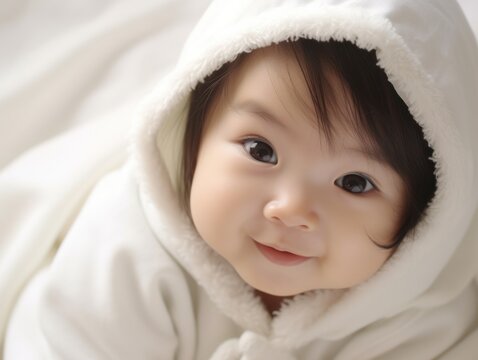 a  very cute little asian baby kid wrapped in soft white blanket and hood on a bed. image perfect for ads. big beautiful eyes and tiny nose. Generative AI