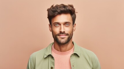 Obraz premium Portrait of a Young Man Wearing Casual Clothes and Smiling, Isolated on a plain background. Generative AI illustration.