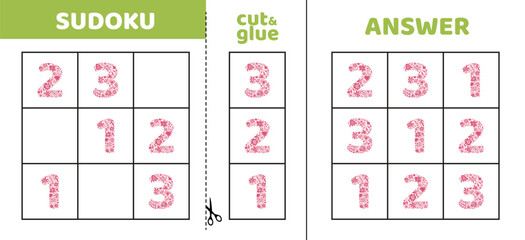 Easy sudoku with three numbers of flowers 1, 2, 3. Game puzzle for little kids. Cut and glue. Doodle