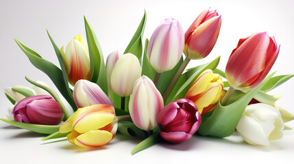 Enjoy the delicate charm of tulips, white background. Generative Ai
