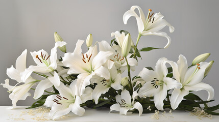 White lilies on granite tombstone in cemetery. Generative Ai