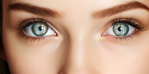 Obraz premium Young beautiful woman with blue eyes, closeup detail to her face, both iris visible. Generative AI