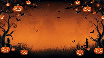 Halloween border background with creepy pumpkins. Generative AI.