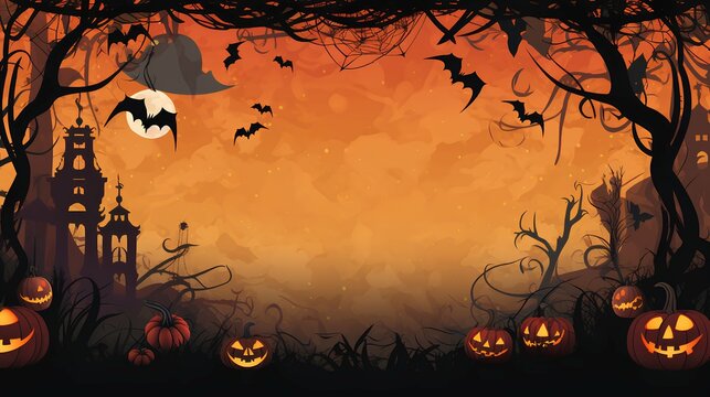 Halloween border background with creepy pumpkins and bats. Generative AI.