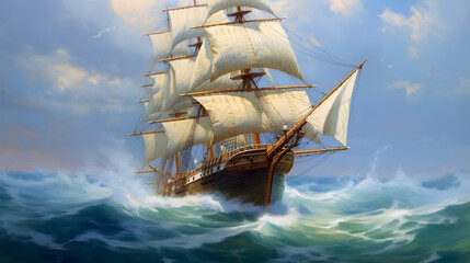 Fototapeta na wymiar A wooden sailing ship gracefully cutting through the deep blue waves of the open ocean, with a clear sky