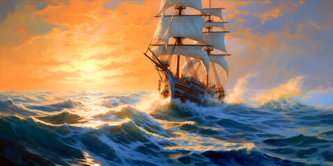 A wooden sailing ship gracefully cutting through the deep blue waves of the open ocean, with a clear sky - obrazy, fototapety, plakaty