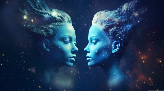 Zodiac sign gemini in cosmic space. Two women in space. Generative AI.