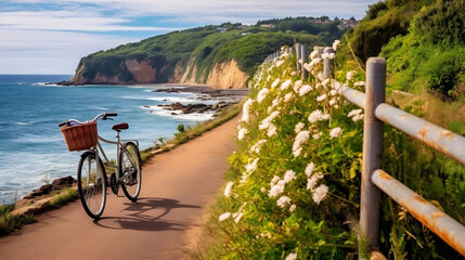 Naklejka premium A charming bicycle ride along a scenic coastal path, with the azure ocean stretching out on one side and vibrant, blooming flowers adorning the other