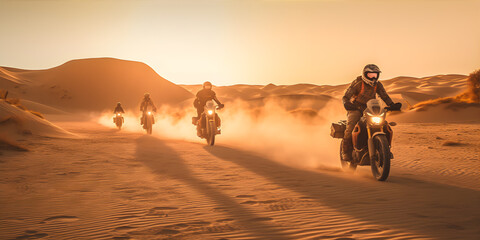 Fototapeta na wymiar A swarm of motorcycles speeding through a desert landscape, kicking up clouds of dust, creating a thrilling and adventurous atmosphere