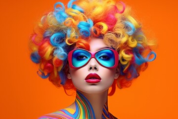 Illustration of a woman with vibrant rainbow hair and red and blue stylish sunglasses, on an orange background -created by Generative AI created with Generative AI technology