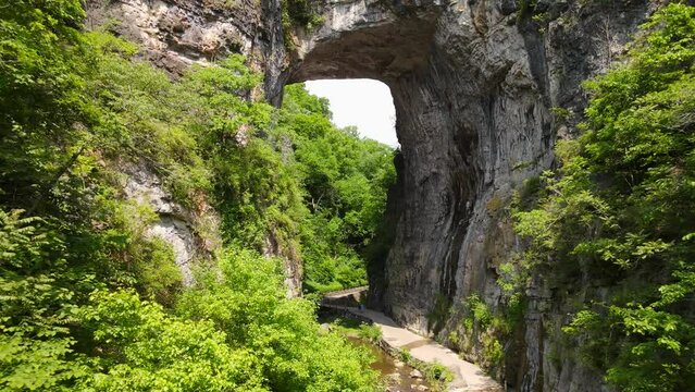 Natural Bridge Stone National Park in the Blue Ridge Mountains of Rockbridge County, Virginia Limestone Bridge Gorge. Shooting from a drone.