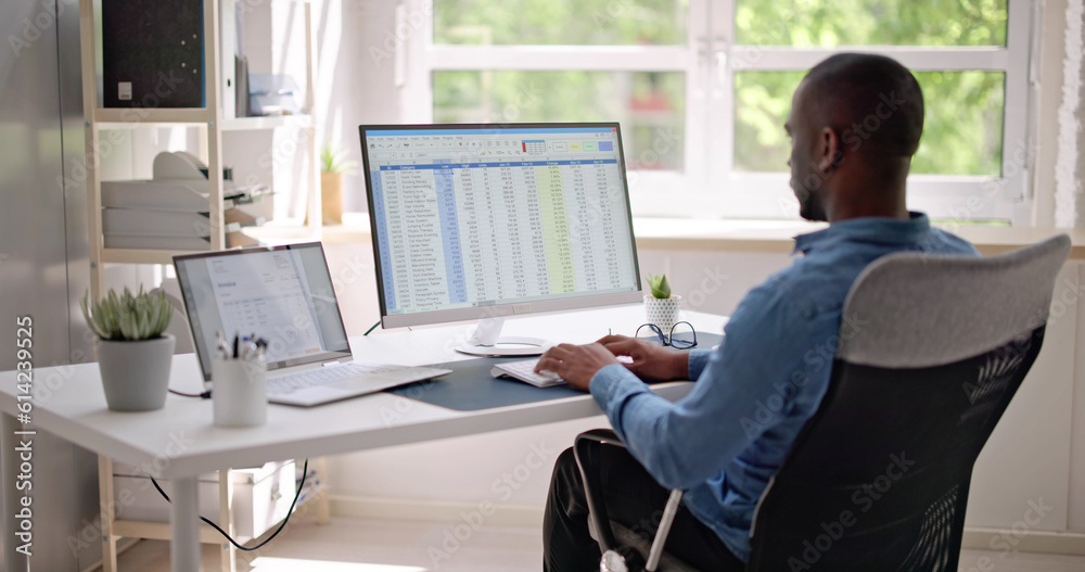 Poster data analyst african man using spreadsheet