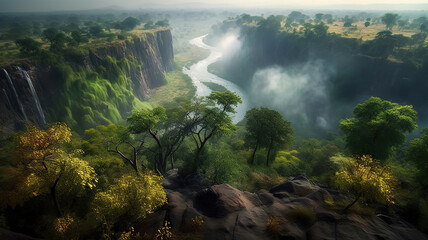 Most Beautiful place in Victoria Falls, Green tree around the falls. Generative Ai