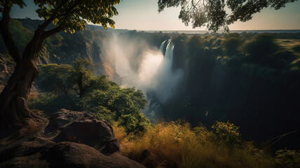 Close to Wide Zoom-Out Victoria Falls, Africa. Generative Ai