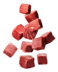 Falling meat beef cubes isolated on transparent or white background, png - obrazy, fototapety, plakaty