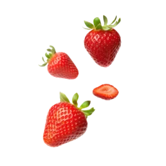 Fotobehang Falling strawberries isolated on transparent or white background, png © Medard