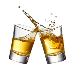 Glasses shot of tequila making toast with splash isolated on trasparent or white background, png - obrazy, fototapety, plakaty