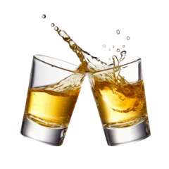 Gordijnen Glasses shot of tequila making toast with splash isolated on trasparent or white background, png © Medard