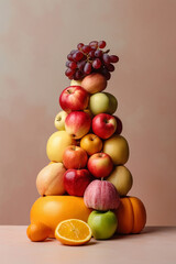 Fresh fruit balancing on top of each other, pile of fruits, generative AI