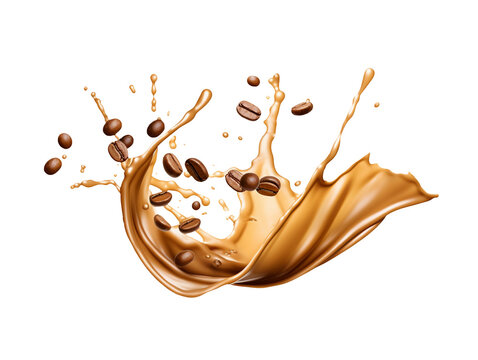 Coffee Splash With Coffee Beans Isolated On Transparent Or White Background, Png