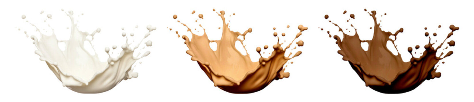 Collection of milk, coffee, chocolate splashes isolated on transparent or white background, png