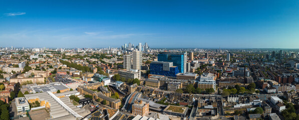 Panoramic view of the hospital building in London with the helicopter located on the roof and...